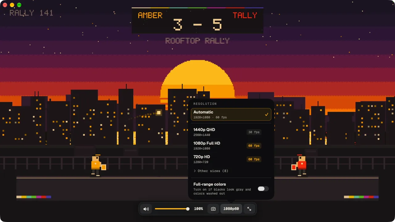 El menú de resolución sobre el video: Automático, 1440p, 1080p y 720p con sus cuadros por segundo, y el interruptor de colores de rango completo